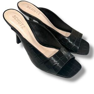 SCHUTZ Women’s Black ‘Agape’ Croc Embossed Leather Open Toe Slide Heels Size 8.5